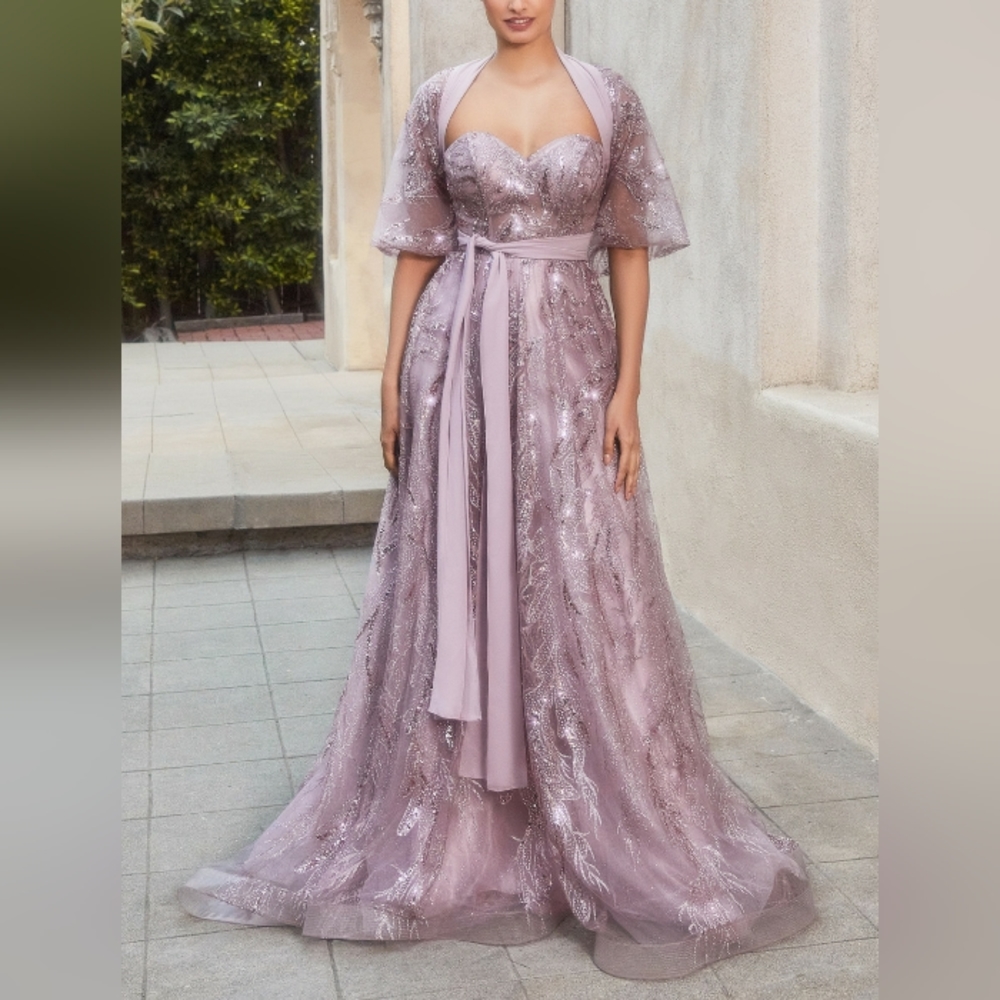Gold,blue,silver,mauve pink strapless long gown with shawl cape - Picture 5 of 8
